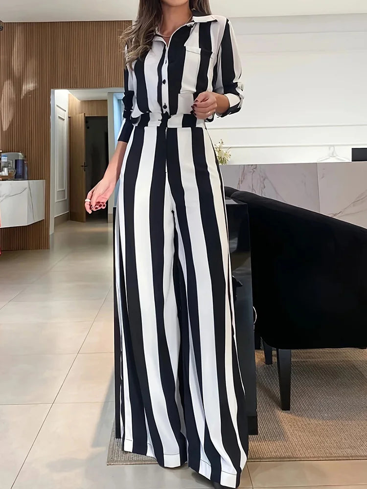 Women's Striped Wide Leg Pants Suit – Matching 2-Piece Set, Elegant Office Wear