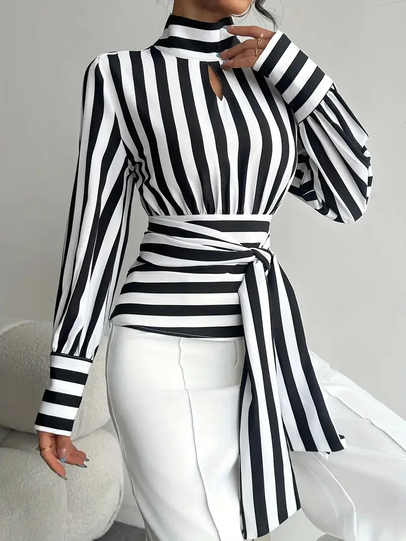 Fashion Trendy Women Black White Contrast Striped Shirt Autumn New Retro Scarf Collar Long-sleeved Elegant Female Pullover Shirt LADYLYS