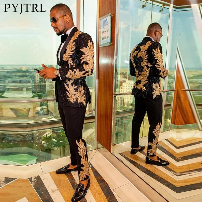 Men's Gold Sequin Two-Piece Suit Set – Casual Blazer & Dress Pants