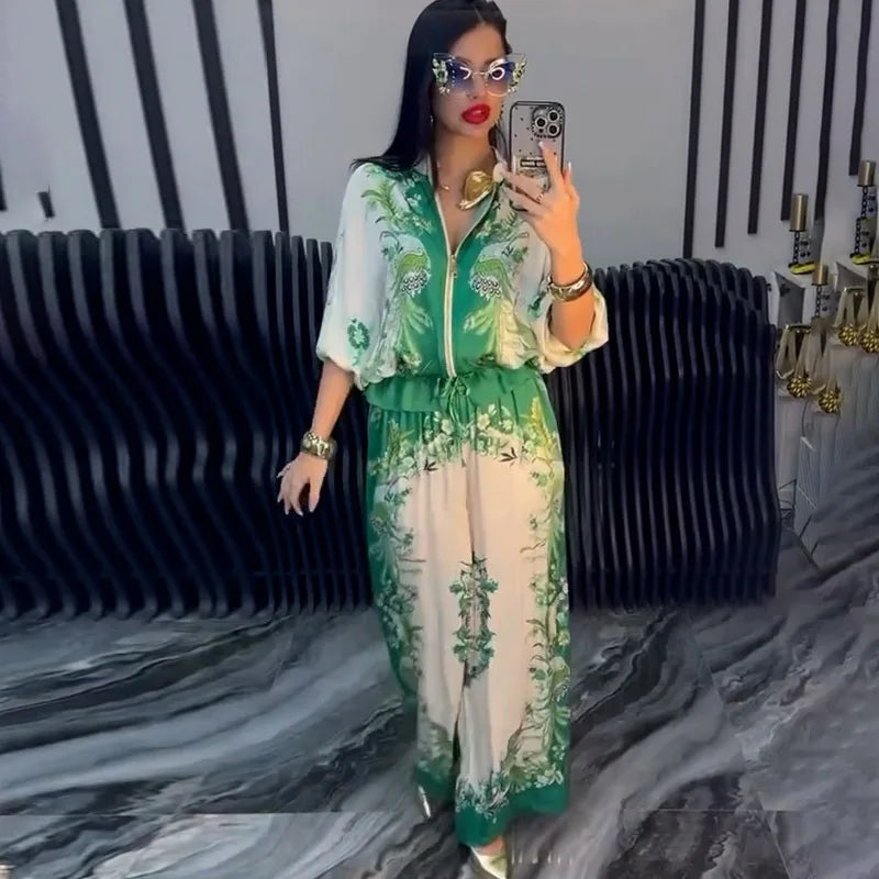 Printed Drawstring Trousers 2-Piece Set – Zipper Top & Wide-Leg Pants Outfit