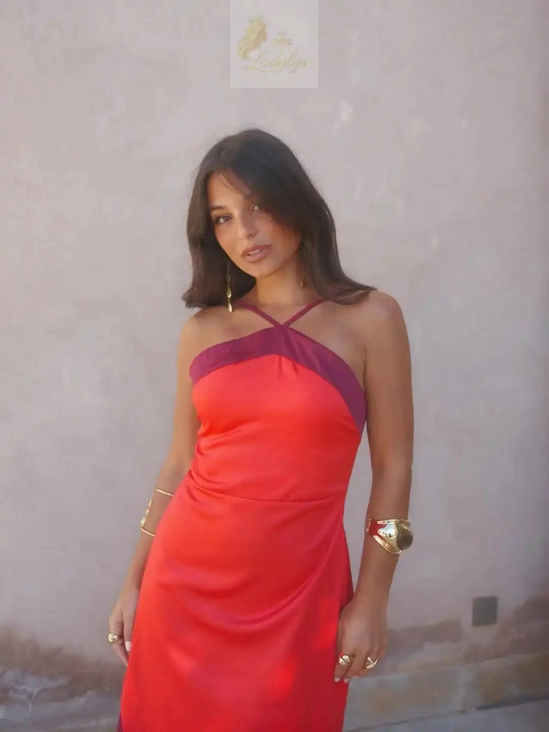 Blocking Scarf Collar Sling Dress Sexy Split Waist Cinching Bodycon Maxi Gowns LADYLYS
