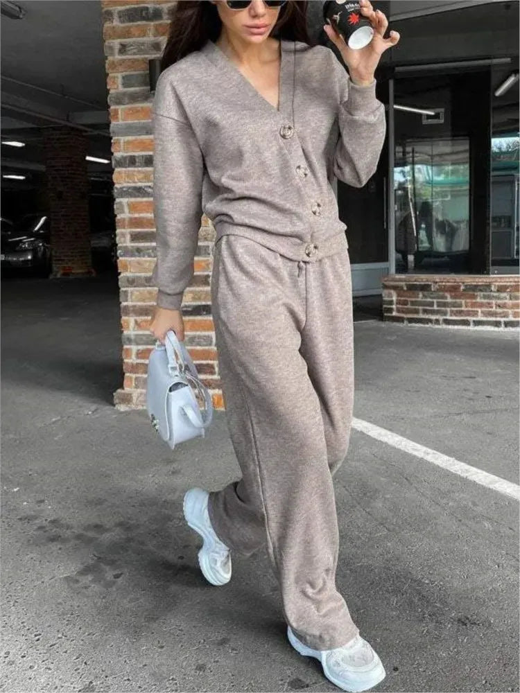 Women's Button-Front Cardigan & Tie-Waist Trousers Set
