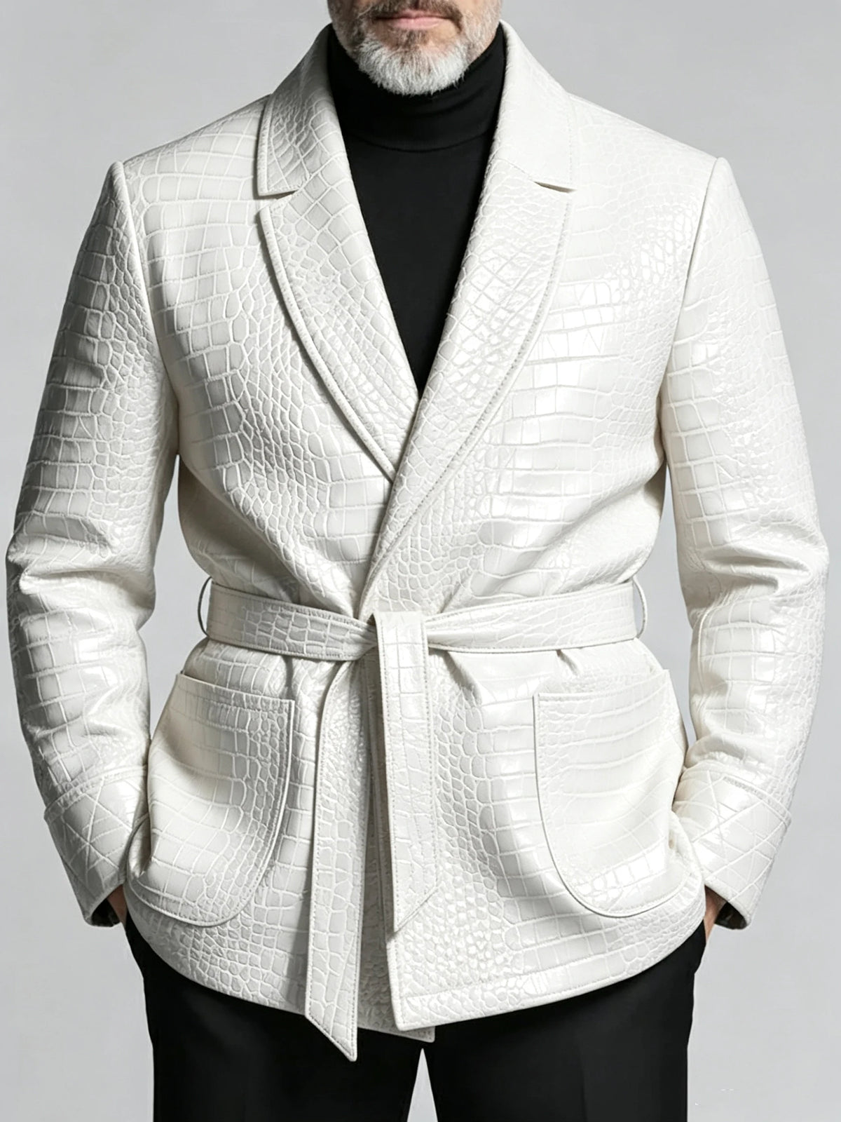Men's Crocodile-Embossed PU Leather Blazer – Shawl Lapel, Belted, Slim Fit