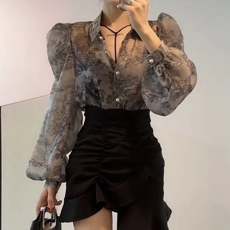 Vintage Printed Lapel Button Puff Sleeve Shirts Lady Blouses