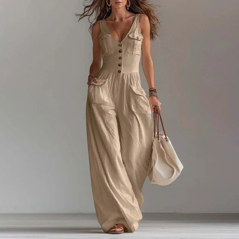 V-Neck Wide Leg Jumpsuit – Elegant Solid, High Waist, Full Length