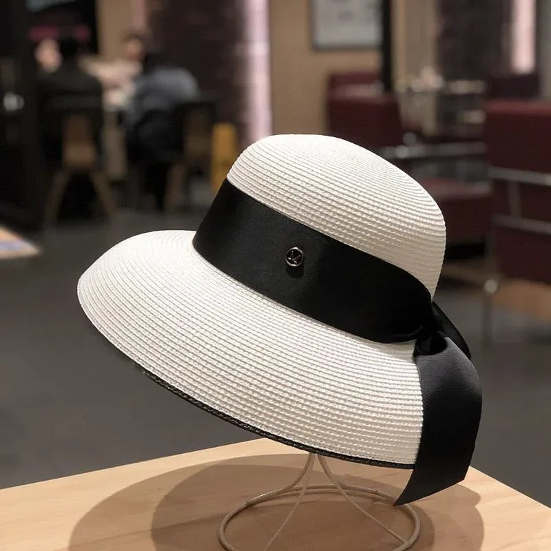 French Retro Straw Sun Hat with Bow Detail - Hepburn Style Elegant Wide Brim LADYLYS