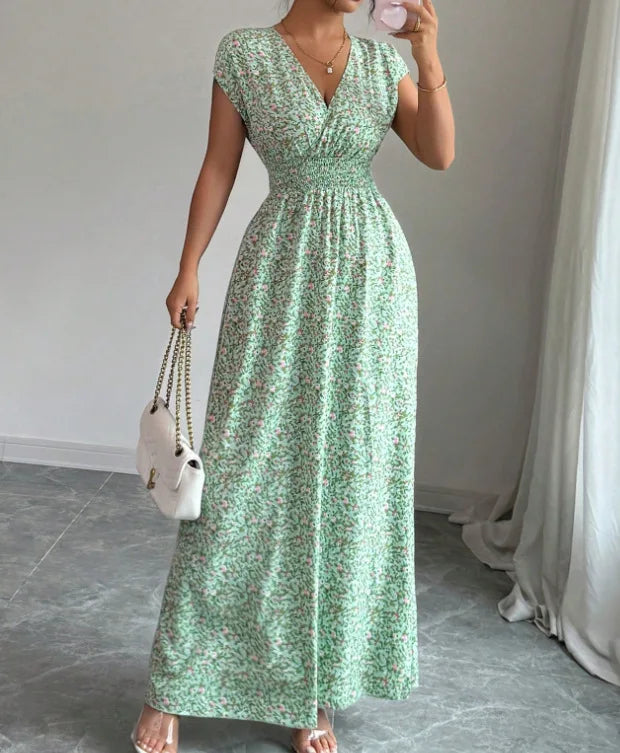 Printed V-Neck Short Sleeve Midi Dress – Lace-Up Waist Casual Summer Dress