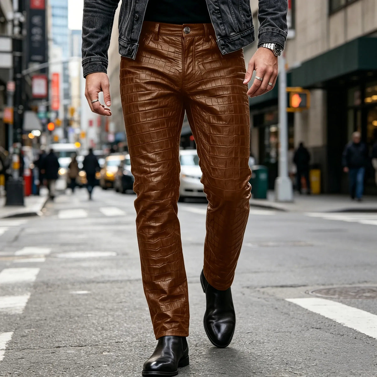 Men's Croc-Embossed Faux Leather Slim-Fit Trousers