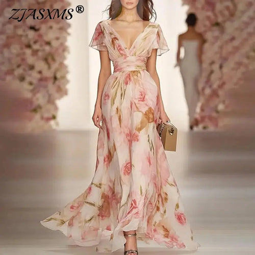 Boho Style Elegant Floral Print Long Dress Woman Spring V Neck High LADYLYS