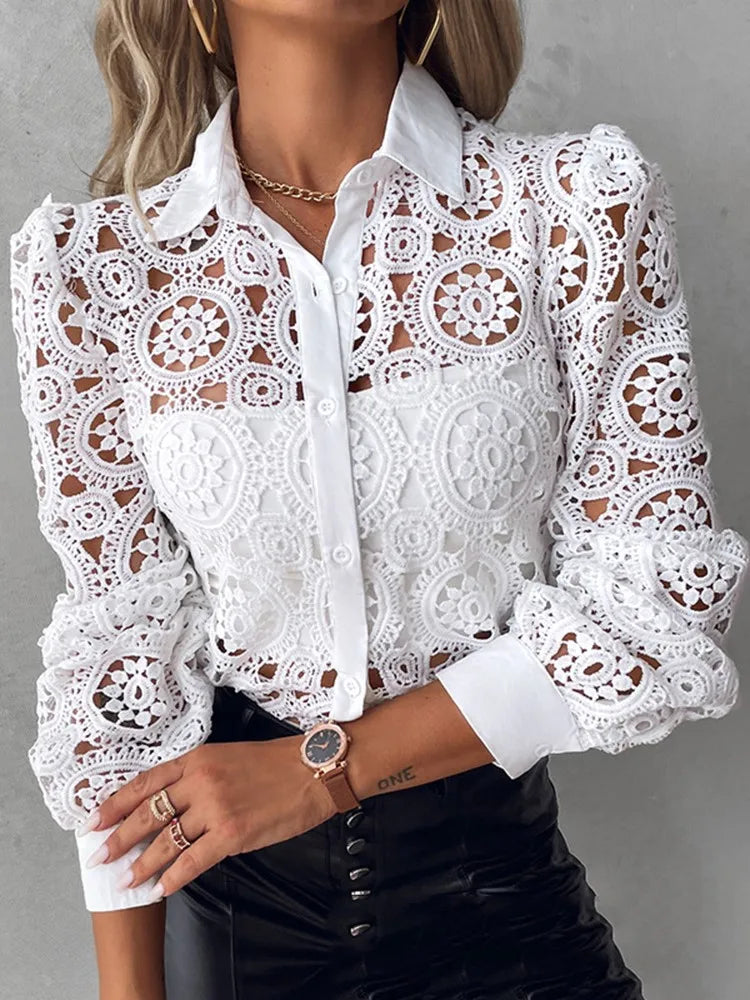 Lace Blouses Elegant Office White Shirt Long Sleeve Button Turn-down Collar Sexy