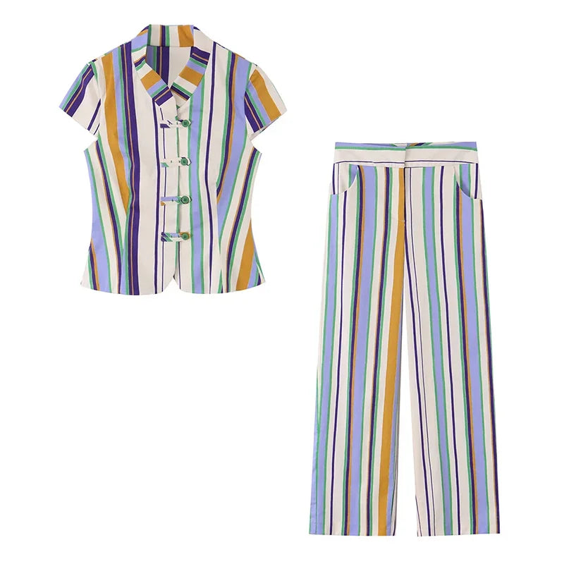 Casual Striped Shirt Trouser Suits Women Short Sleeve V-Neck Button Top LADYLYS