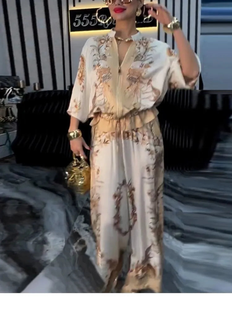 Printed Drawstring Trousers 2-Piece Set – Zipper Top & Wide-Leg Pants Outfit