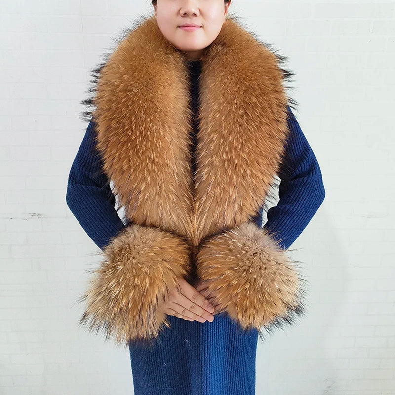 Women's Real Fur Collar and Cuffs Set, Fluffy Winter Scarf