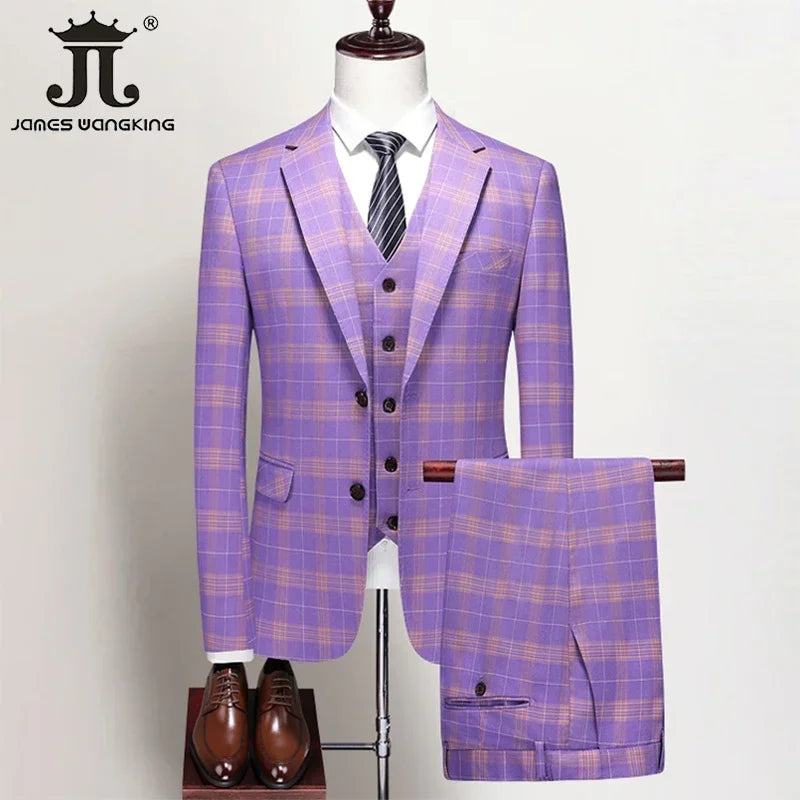 Men's Formal Suits 3 Piece Set British Plaid Style (Blazer + Vest + Trousers) LADYLYS