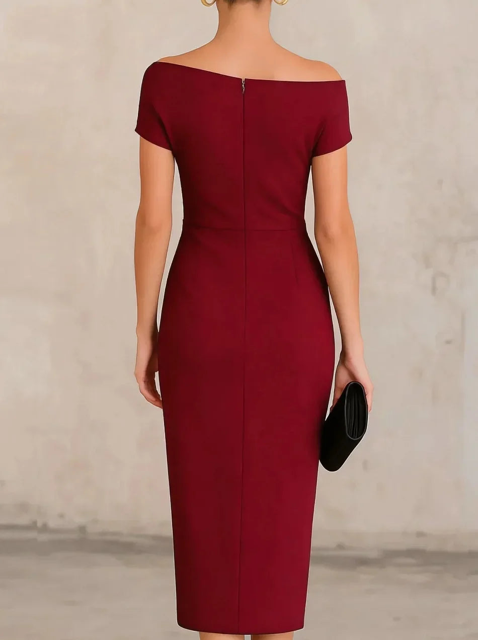 Asymmetrical Off-Shoulder Draped Midi Dress – Ruched Waist Split Pencil Dress