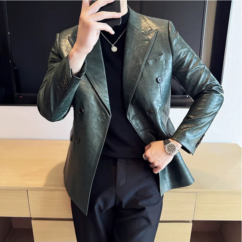 Men's Double-Breasted Check Blazer – Slim Fit, Smart Casual, Business Suit Jacket