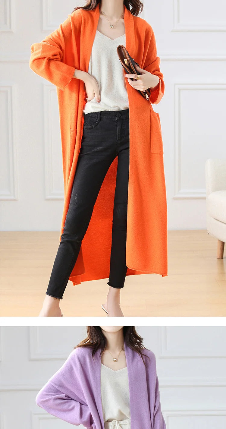 Women's Long Wool V-Neck Cardigan, Loose Fit