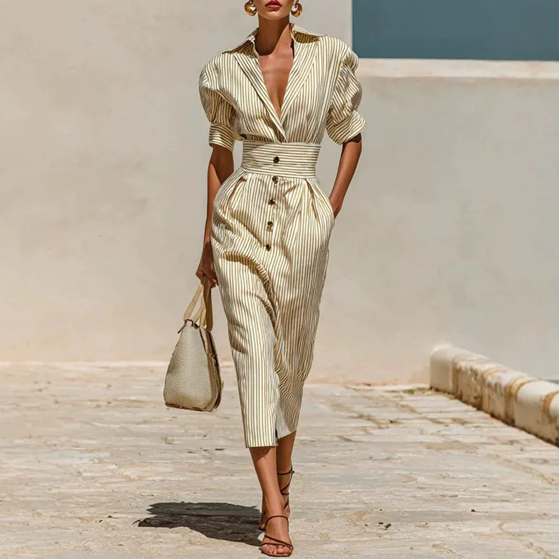 Vintage Striped Shirt Dress – Turn-Down Collar, Puff Sleeves & Belted Waist