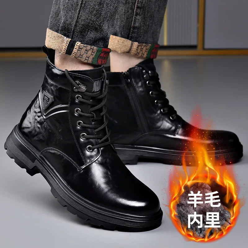 Men's Genuine Leather Platform Ankle Boots – Lace-Up Wool-Lined Waterproof Work Boots