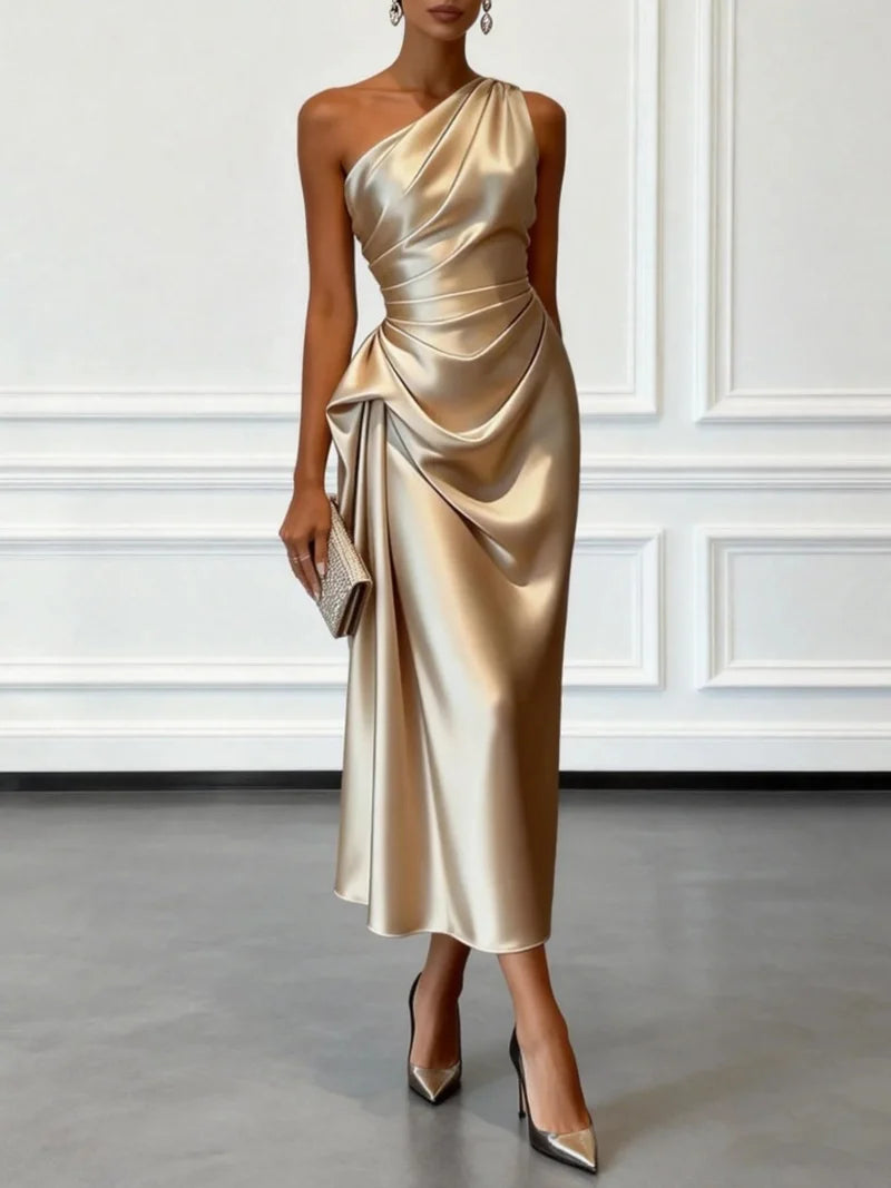 One Shoulder Satin Midi Dress With Ruched Waist Elegant LADYLYS