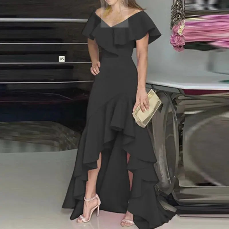 Beauty style elegant V-neck ruffled irregular elegant dress LADYLYS