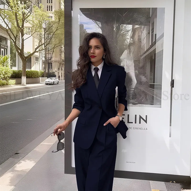 Women's Notched-Lapel Blazer & Full-Length Trousers Set