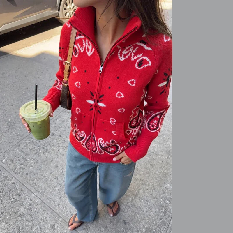 Women's Boho Jacquard Knit Cardigan with Stand Collar and Zip