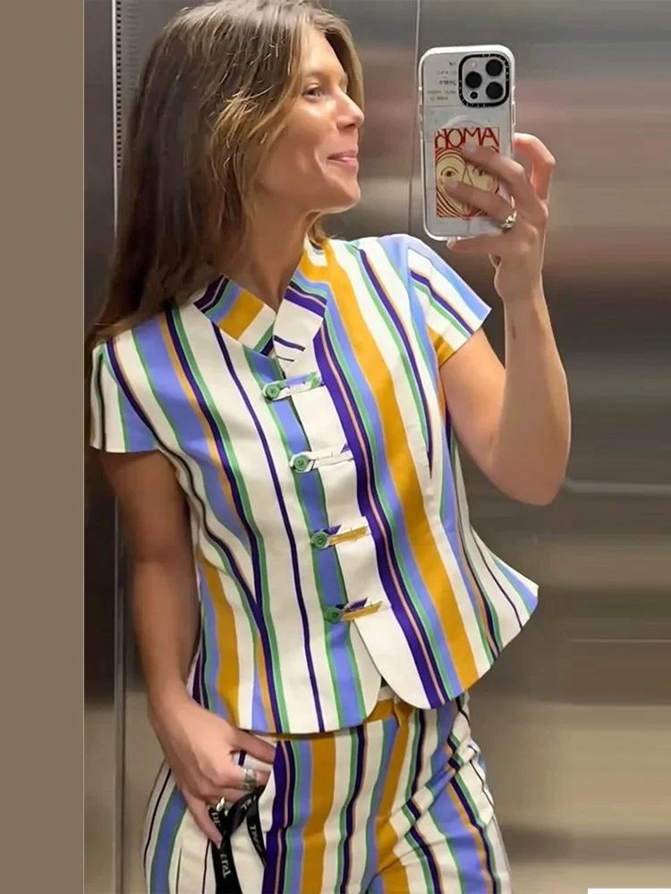 Casual Striped Shirt Trouser Suits Women Short Sleeve V-Neck Button Top LADYLYS