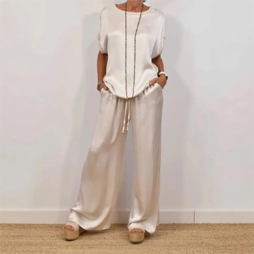 2-piece Set Fashion Satin O Neck T-shirt Top Trousers Summer Retro Elegant LADYLYS