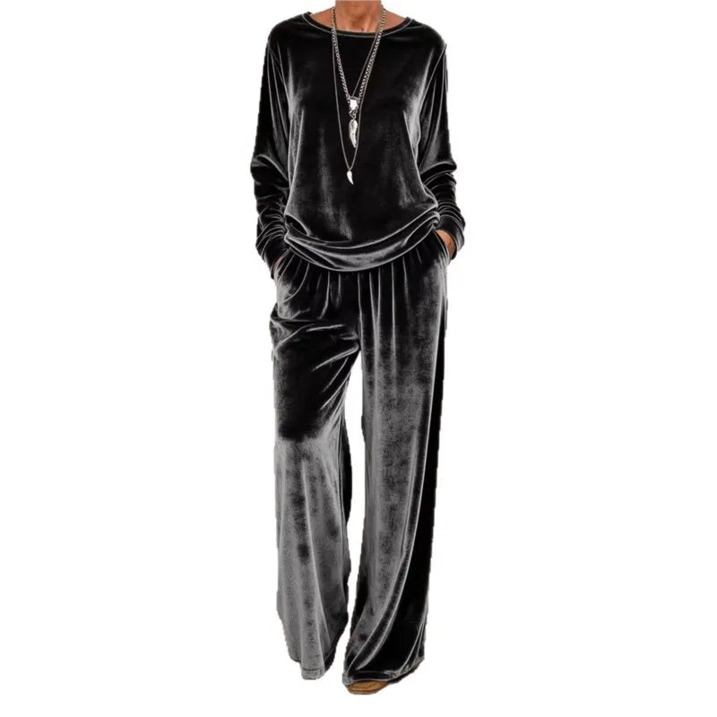 Women's Velvet O-Neck Top & Wide Leg Pants Set — Solid Color 2-Piece Outfit