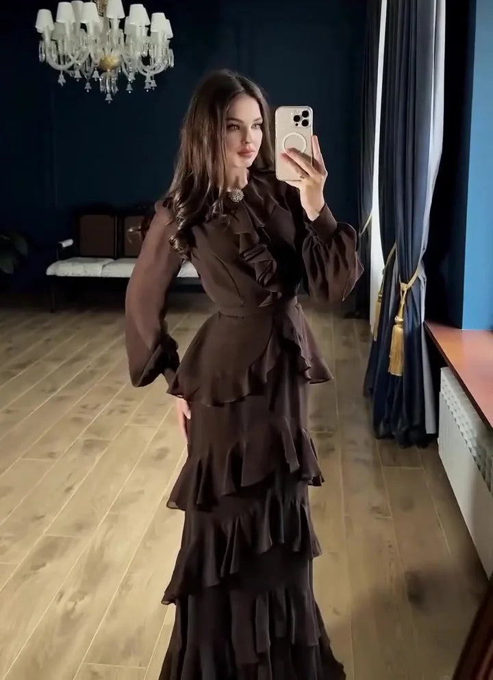 Women's Elegant Layered Ruffle Maxi Dress with Long Sleeves and Belt