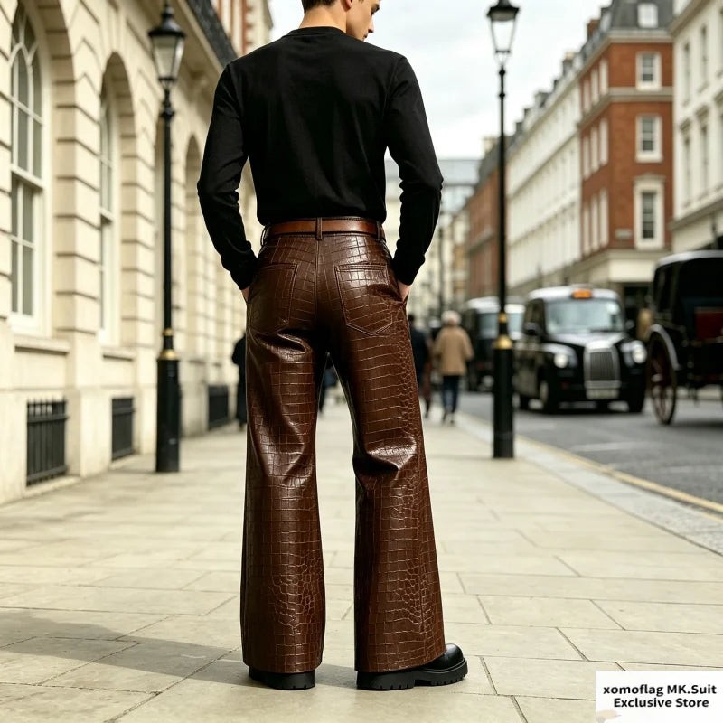 Men’s Crocodile-Effect Faux Leather Flare Pants
