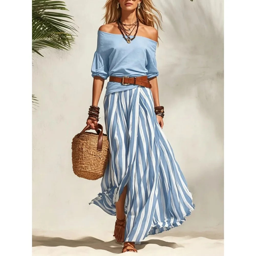 Women's 2-Piece Boho Set – Off-Shoulder Puff Sleeve Top & Vertical Stripe Flowy Maxi Skirt | Casual Vacation Outfit