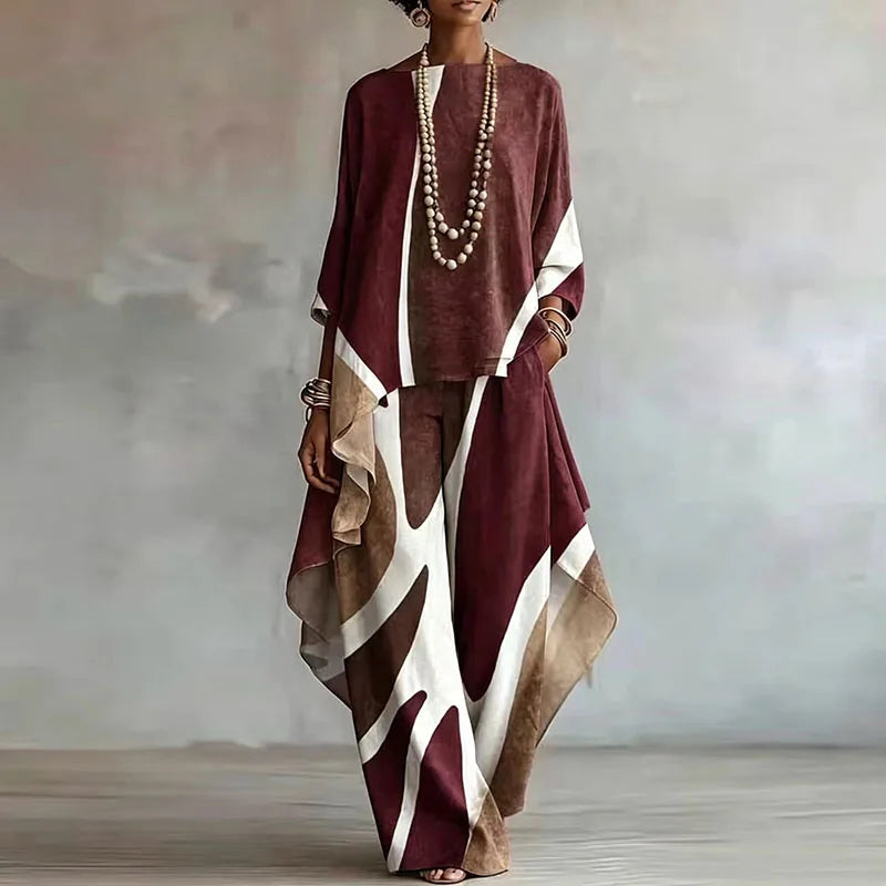Elegant Contrast Color 2-Piece Set – Vintage Irregular Hem, Women's Outfit