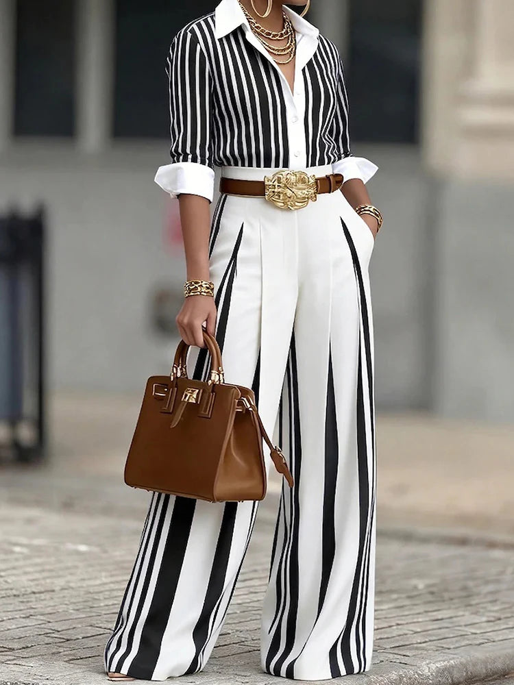 Women's 2-Piece Suit – Turn-Down Collar, Single Breasted, Elegant Office Set