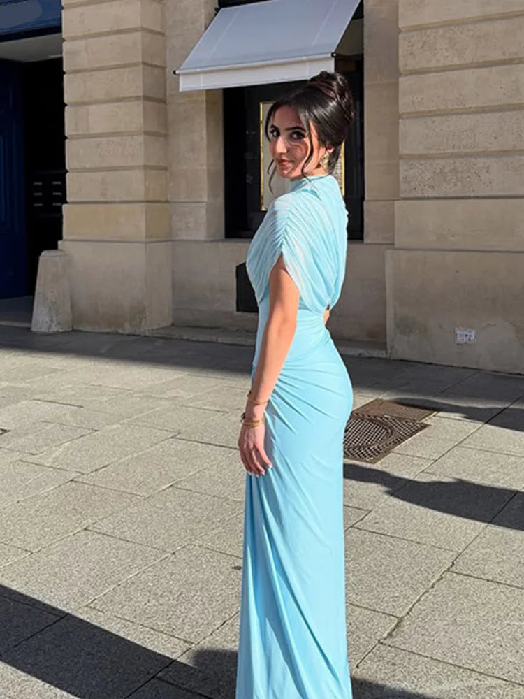 Irregular Shawl Blue Maxi Dress Women's Fashion Turtleneck Slim Fit Pleated LADYLYS