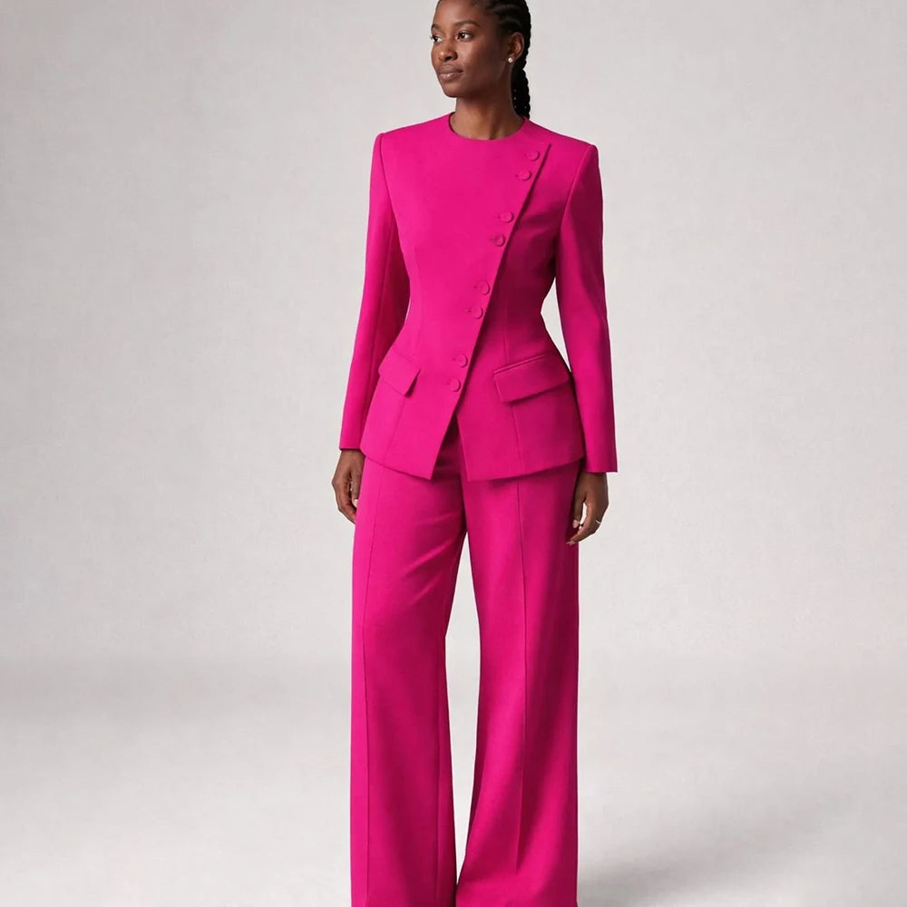 Single Breasted Women's Suits Blazer Luxury O-neck Regular Length 2 Piece LADYLYS