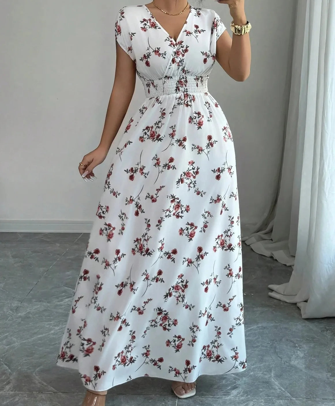 Printed V-Neck Short Sleeve Midi Dress – Lace-Up Waist Casual Summer Dress