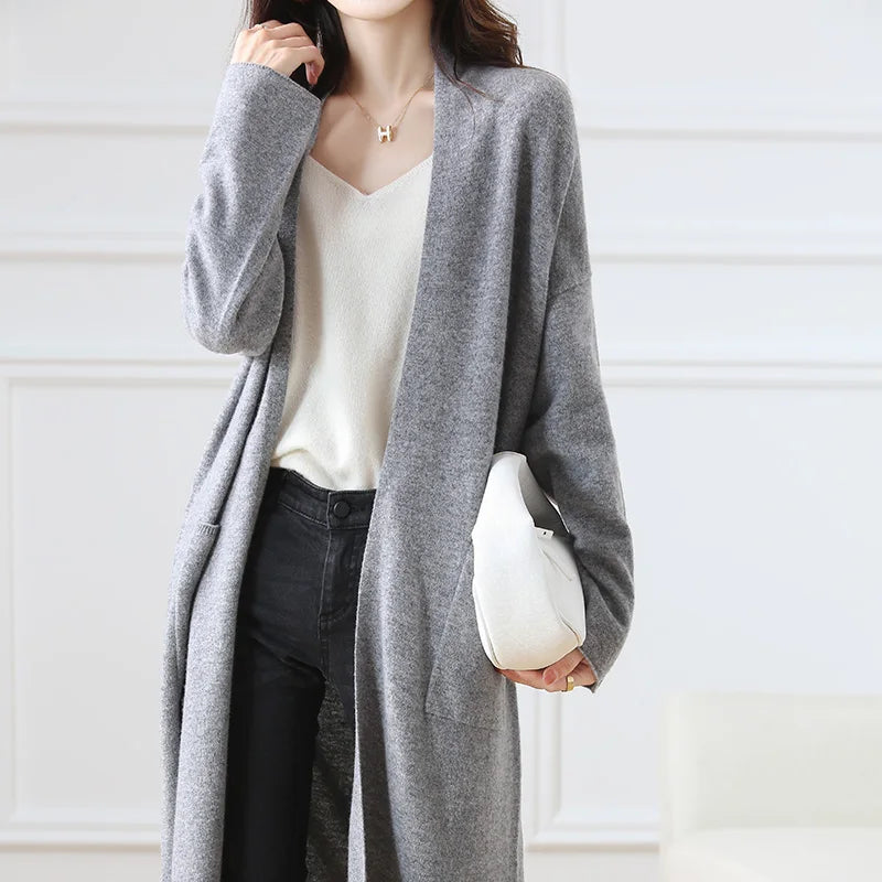 Women's Long Wool V-Neck Cardigan, Loose Fit
