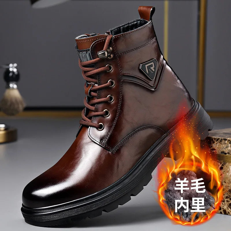 Men's Genuine Leather Platform Ankle Boots – Lace-Up Wool-Lined Waterproof Work Boots
