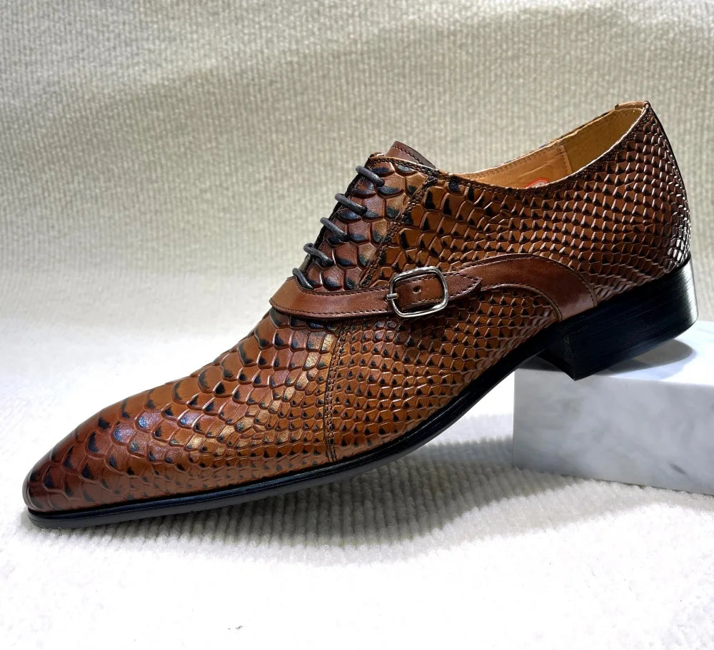 Italian-Style Handcrafted Leather Oxford Shoes – Python Pattern, Pointed Toe