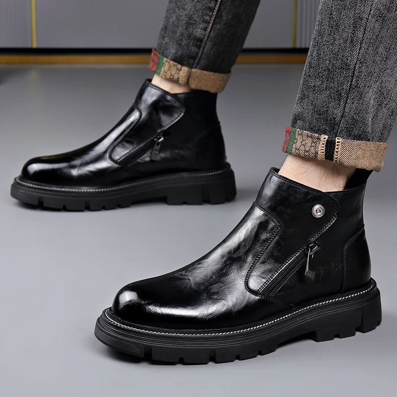 Men's Genuine Leather Zip-Up Ankle Boots – British Retro High-Top Non-Slip Booties