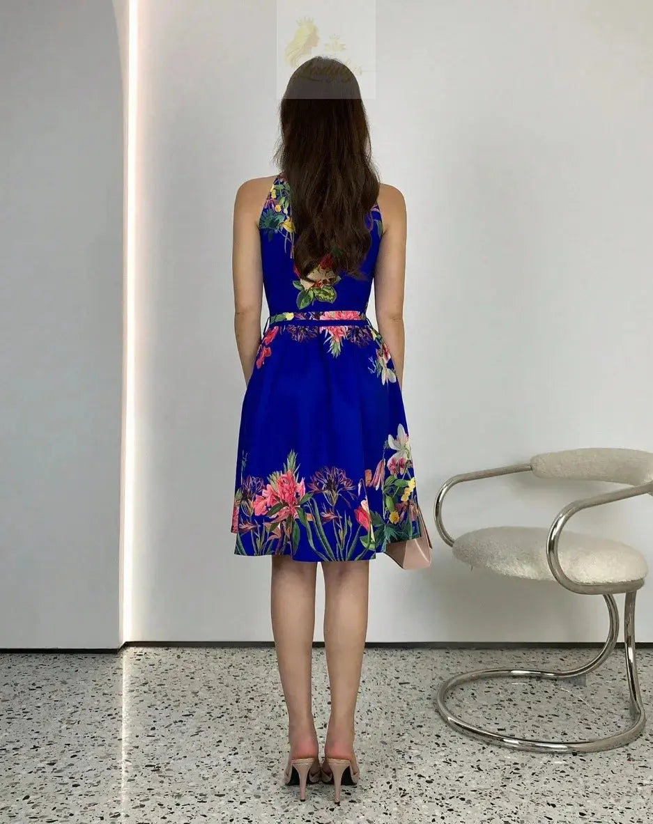 Printed Waist Halterneck Tie Dress Elegant LADYLYS