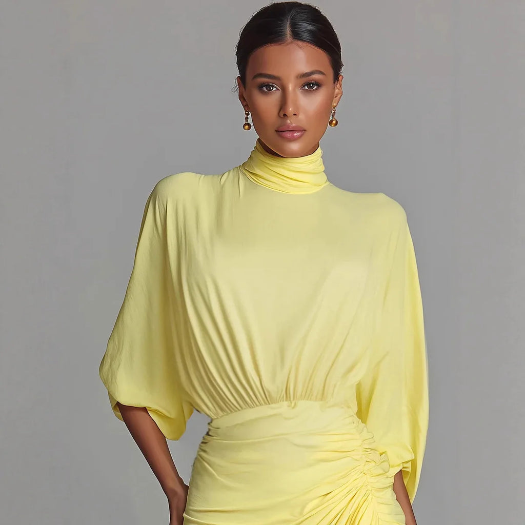 Evening Dress High Neck Fashion Yellow Pleated High Waist Slim Lantern Sleeve Elegant LADYLYS