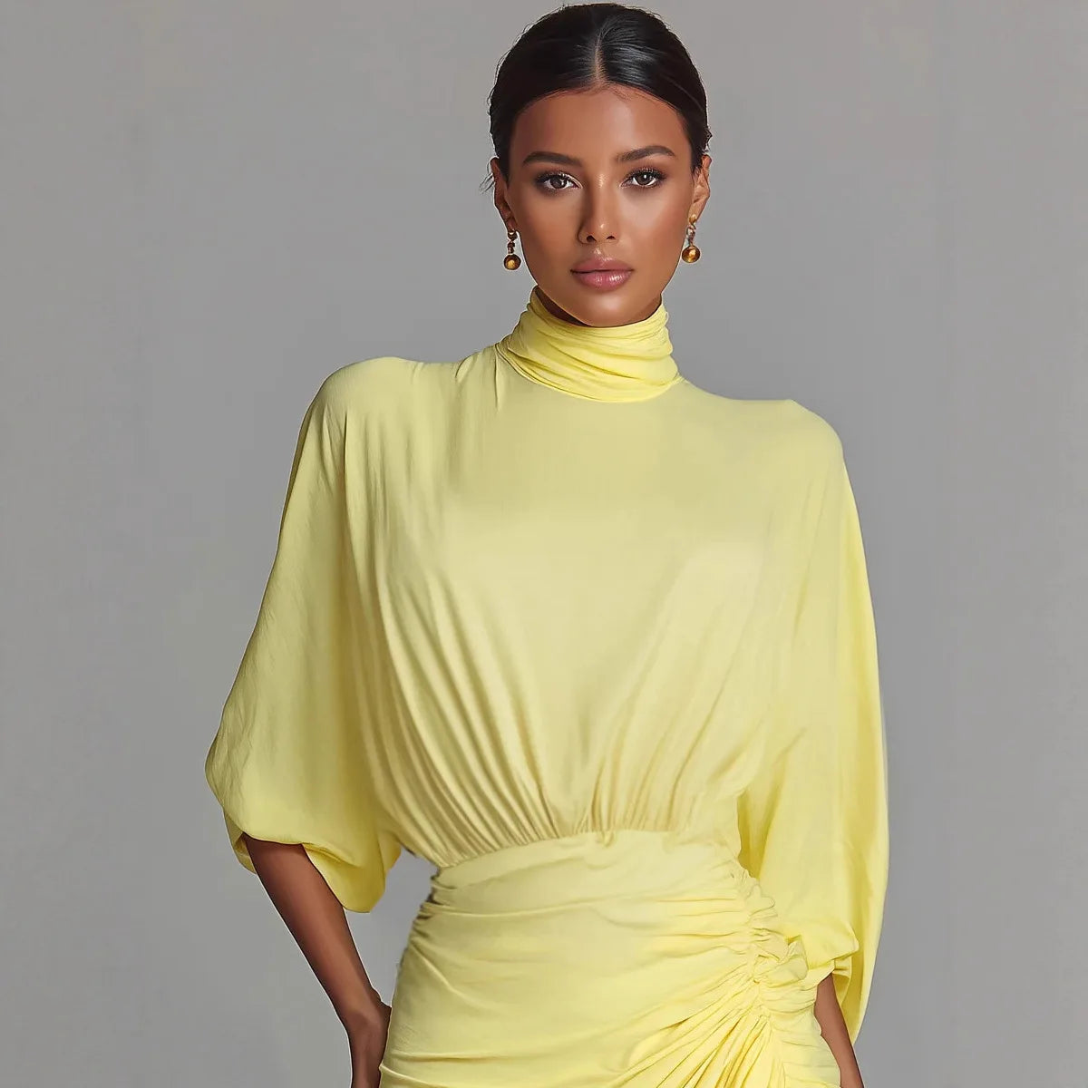 Evening Dress High Neck Fashion Yellow Pleated High Waist Slim Lantern Sleeve Elegant LADYLYS