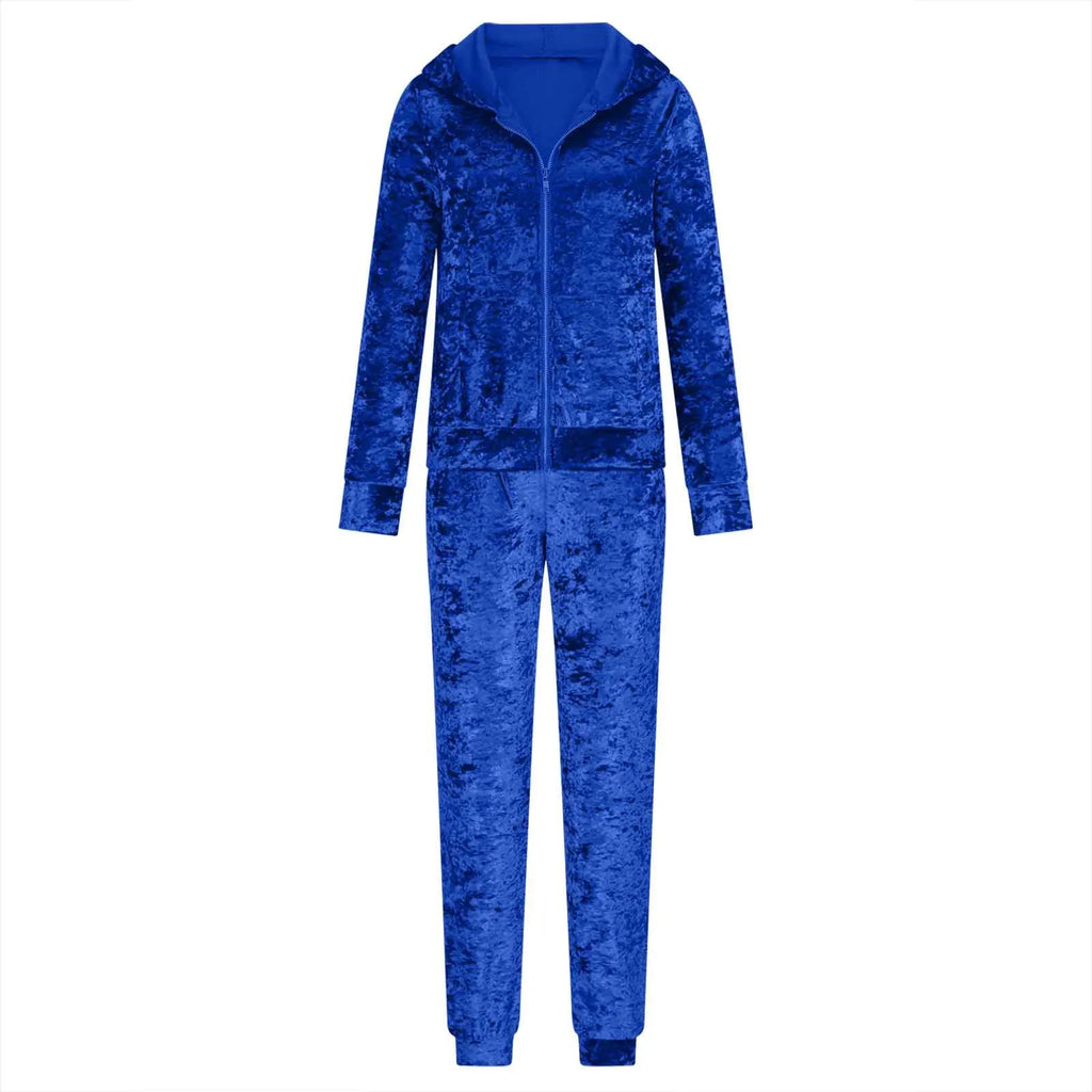 Women's Velvet Tracksuit 2-Piece Set – Full-Zip Hoodie & Jogger Sweatpants with Pockets