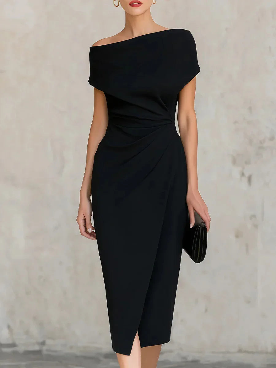 Asymmetrical Off-Shoulder Draped Midi Dress – Ruched Waist Split Pencil Dress