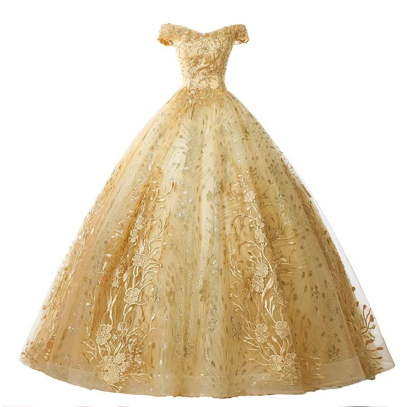 Elegant Gold Quinceanera Dress Off Shoulder Lace Embroidery LADYLYS