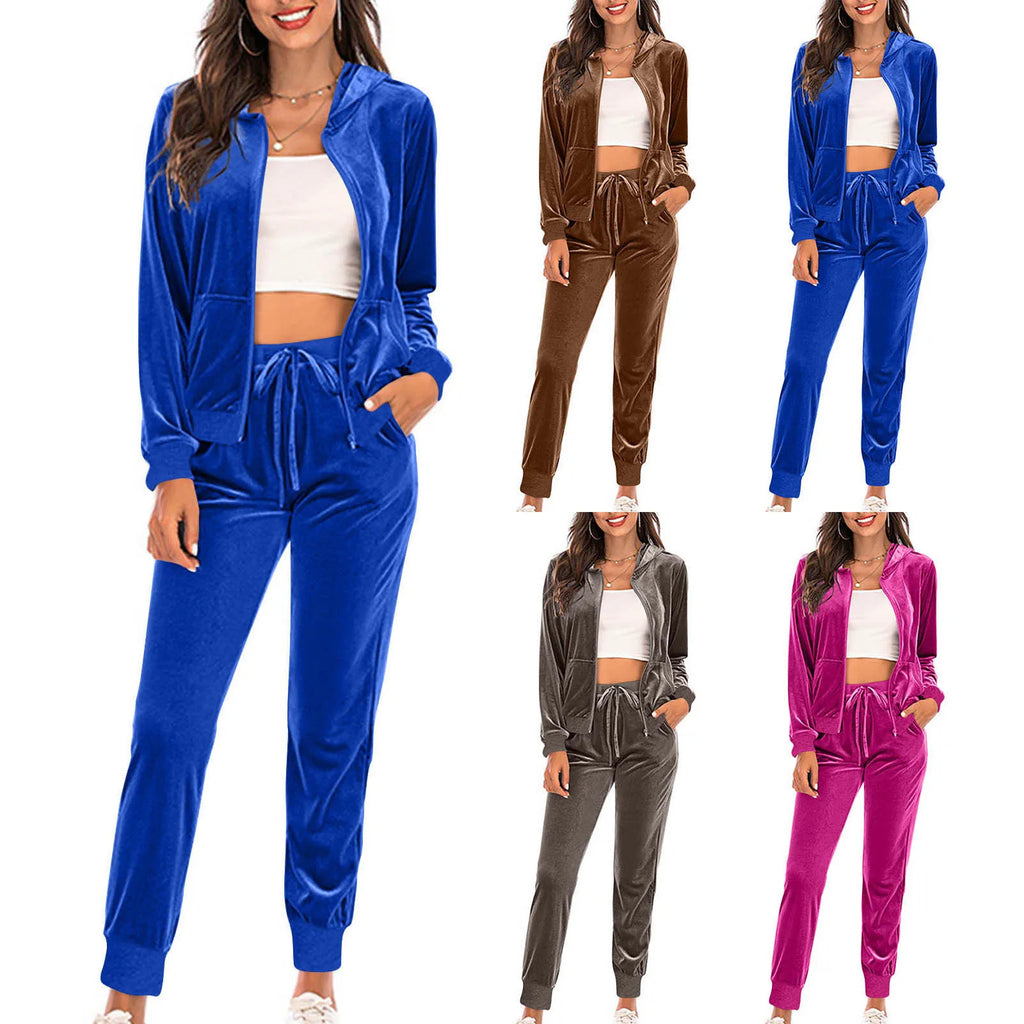 Women's Velvet Tracksuit 2-Piece Set – Full-Zip Hoodie & Jogger Sweatpants with Pockets