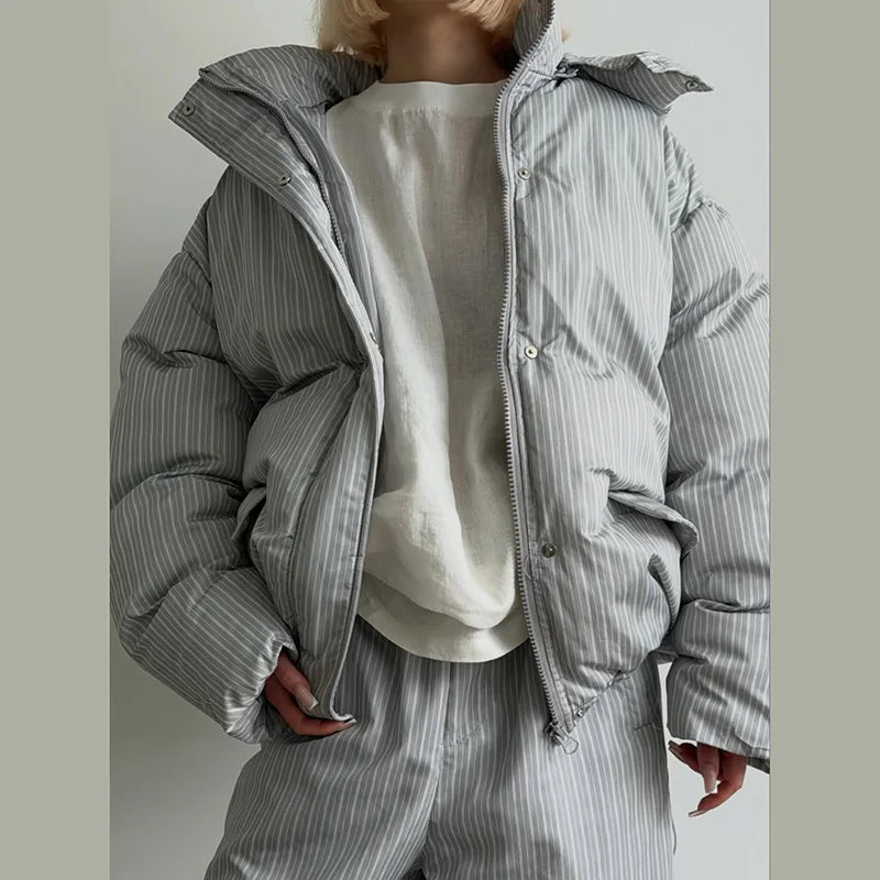 Women's Striped 2-Piece Set – Zip-Up Hooded Puffer Coat & Wide-Leg Jogger Pants | Warm Winter Suit